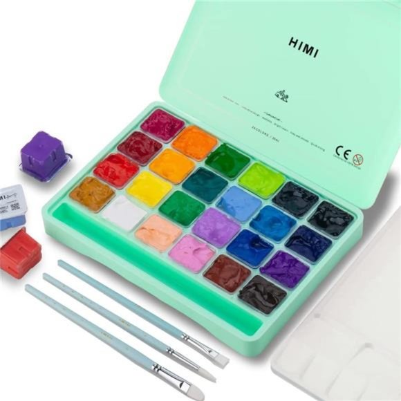 HIMI Gouache Paint Set, 24 Colors x 30ml/1oz with 3 Brushes & a Palette, Unique - Picture 1 of 7